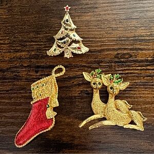 Festive Gold and Red Holiday Brooch Set